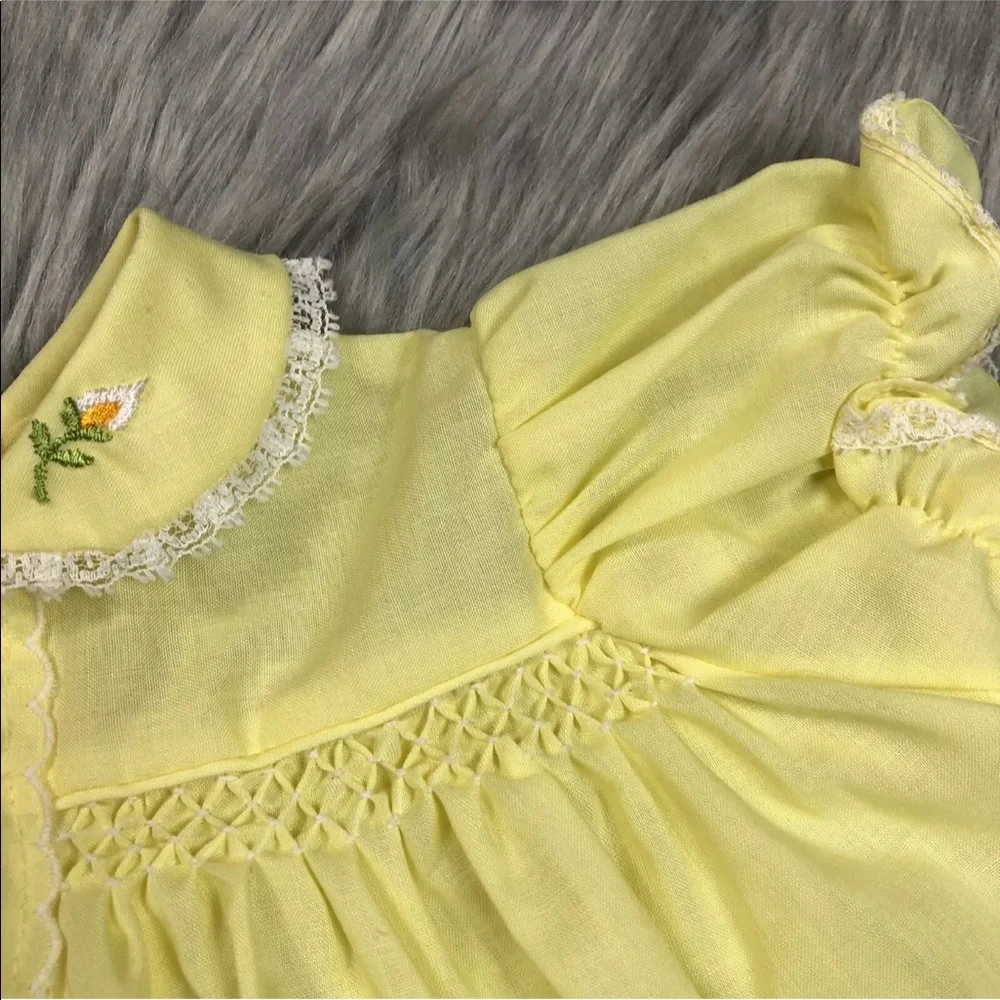 Vintage Baby Girls Yellow Smocked Floral Ruffle Dress